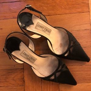 Jimmy Choo black satin low heels